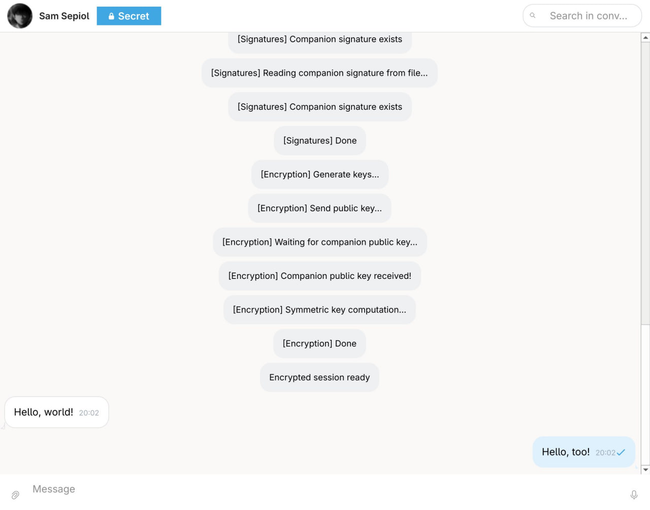 zkgram console log showing the ECDH key exchange and signature verification steps completing, ending in Encrypted session ready followed by a Hello world exchange