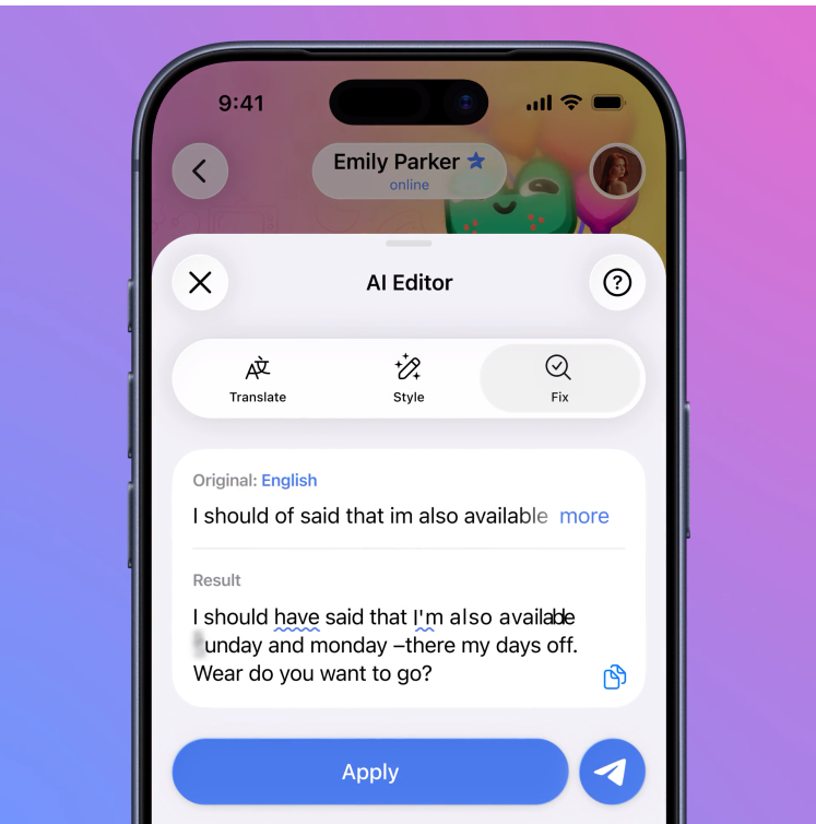 Telegram's own official AI Editor screenshot: a drafted message is rewritten by AI before sending, with Translate, Style, and Fix options above it